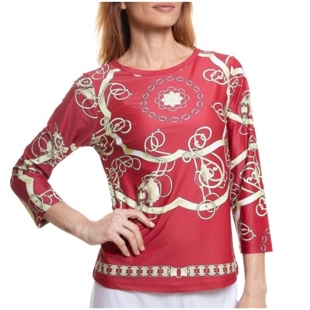 J.McLaughlin Women's Sz Small Pink Equestrian Print 3/4 Sleeve Top Medallions